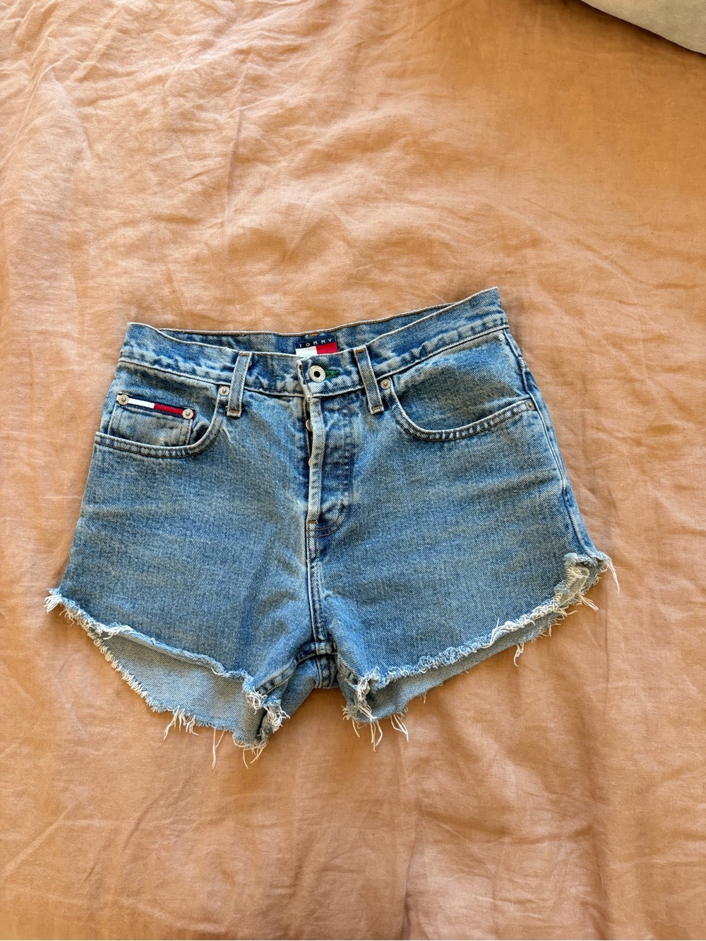 Tommy Hilfiger Medium Blue Frayed Hem Denim Shorts